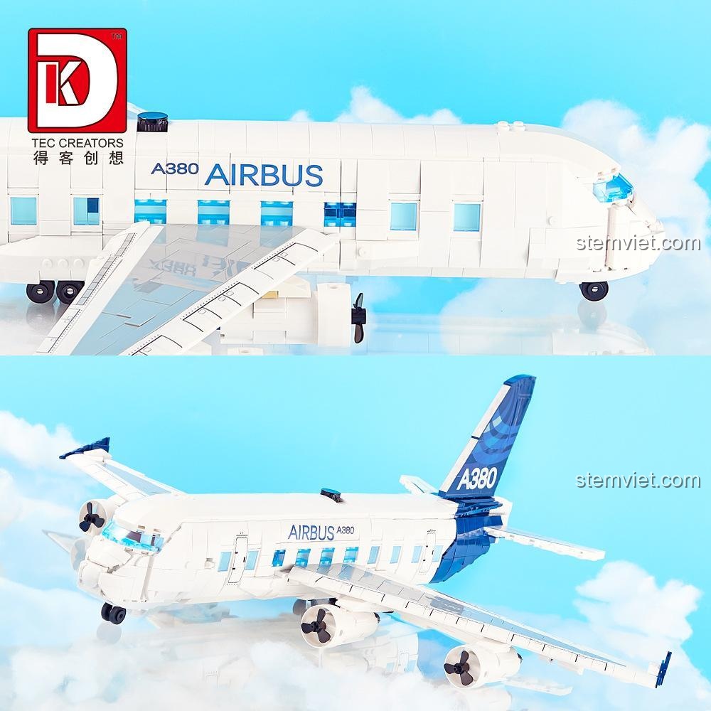 Cận cảnh phần đầu và đuôi của mô hình máy bay Airbus A380 DK 80008, thể hiện các chi tiết nhỏ như cửa sổ và cánh đuôi, bộ xếp hình cho bé trai.