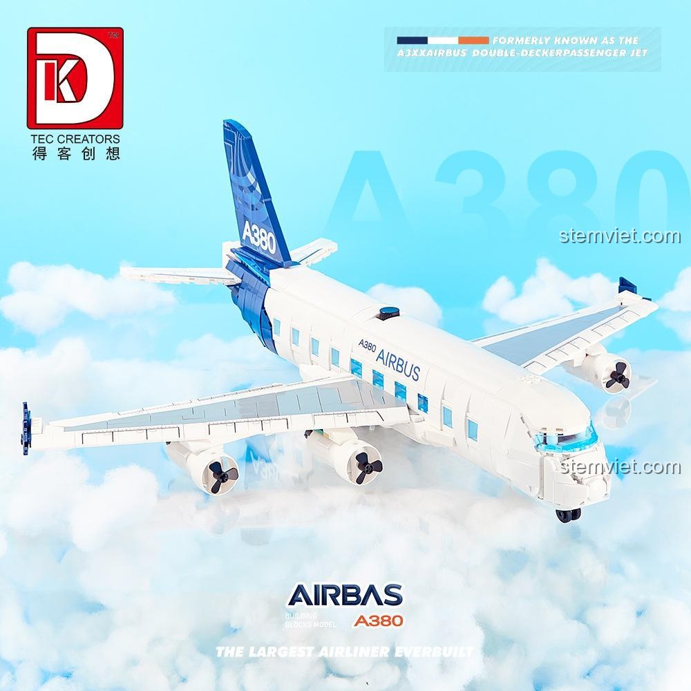 Mô hình máy bay Airbus A380 DK 80008 từ góc nghiêng, nổi bật với động cơ và cánh quạt, bộ lắp ghép mang lại trải nghiệm xây dựng chân thực.