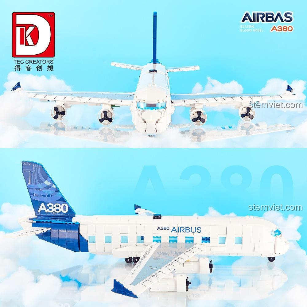 So sánh hai góc nhìn của mô hình máy bay Airbus A380 DK 80008, cho thấy sự tinh xảo và chi tiết của bộ lắp ghép, phù hợp cho bé trai 8 tuổi.