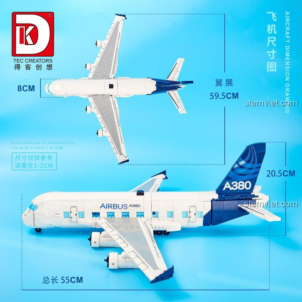 Sơ đồ kích thước mô hình máy bay Airbus A380 DK 80008, cho thấy chiều dài 55cm, sải cánh 59.5cm và chiều cao 20.5cm, bộ lắp ghép lớn ấn tượng.