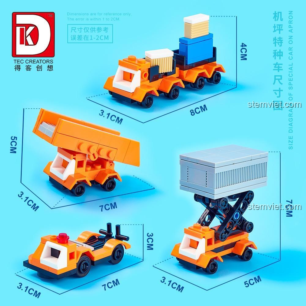 Sơ đồ kích thước các xe phụ trợ đi kèm bộ lắp ghép DK 80008 Airbus A380, thể hiện tỉ lệ và chi tiết của từng phương tiện, đồ chơi xây dựng cho bé trai.