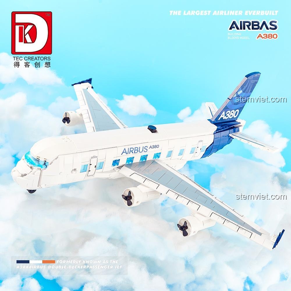 Mô hình máy bay Airbus A380 DK 80008 với thân máy bay dài và cánh rộng, thể hiện sự hoành tráng của siêu máy bay A380, đồ chơi xây dựng cho bé trai.