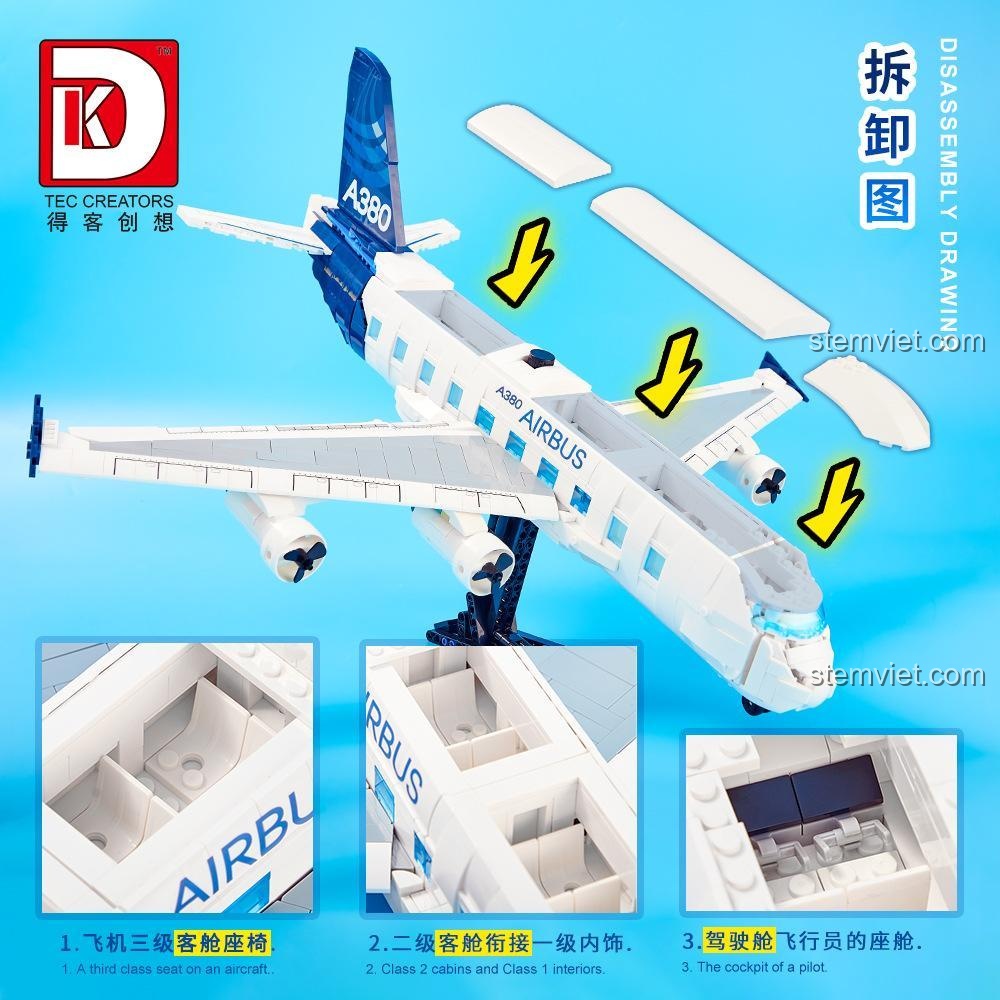 Sơ đồ tháo lắp mô hình máy bay Airbus A380 DK 80008, cho thấy chi tiết nội thất như ghế ngồi và buồng lái, đồ chơi mô hình giúp bé khám phá cấu trúc.