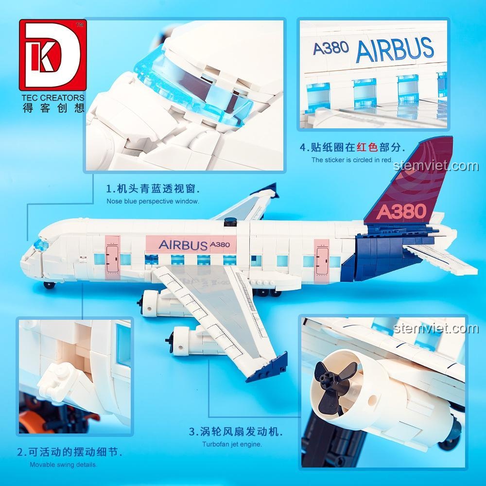 Các tính năng nổi bật của mô hình máy bay Airbus A380 DK 80008: cửa sổ buồng lái trong suốt, chi tiết có thể cử động, động cơ tuabin quạt, bộ lắp ghép chất lượng cao.