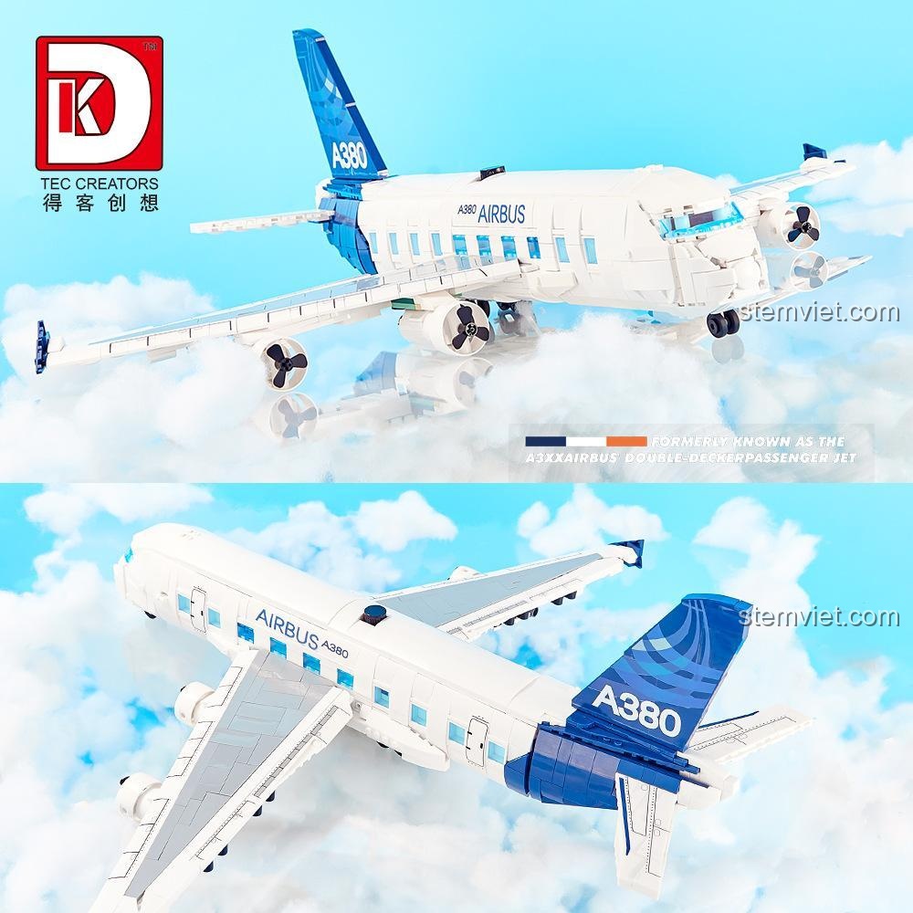 Góc nhìn trên và dưới của mô hình máy bay Airbus A380 DK 80008, làm nổi bật thiết kế hai tầng và bốn động cơ, đồ chơi mô hình chất lượng cao.