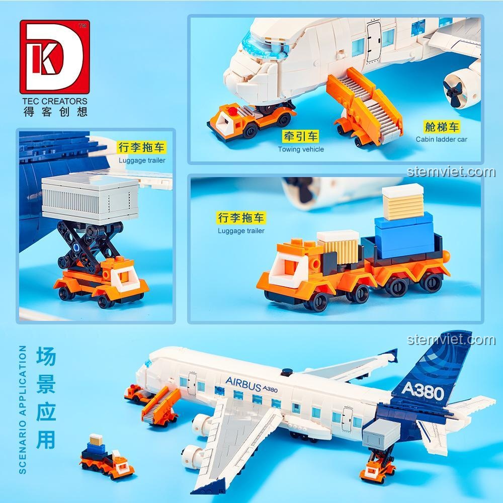 Các phụ kiện xe kéo, xe thang, xe chở hành lý đi kèm bộ lắp ghép DK 80008 Airbus A380, tạo ra nhiều kịch bản chơi sáng tạo cho bé trai.