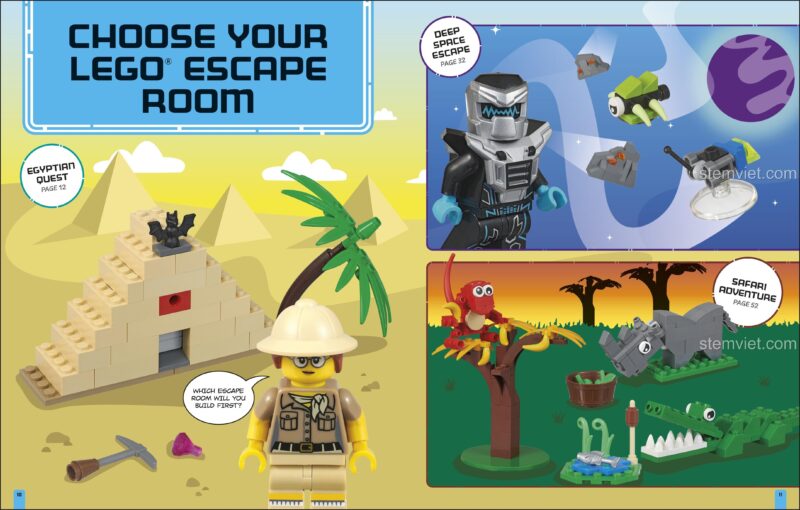 Trang sách giới thiệu các chủ đề phòng thoát hiểm LEGO® trong sách Build Your Own LEGO Escape Room