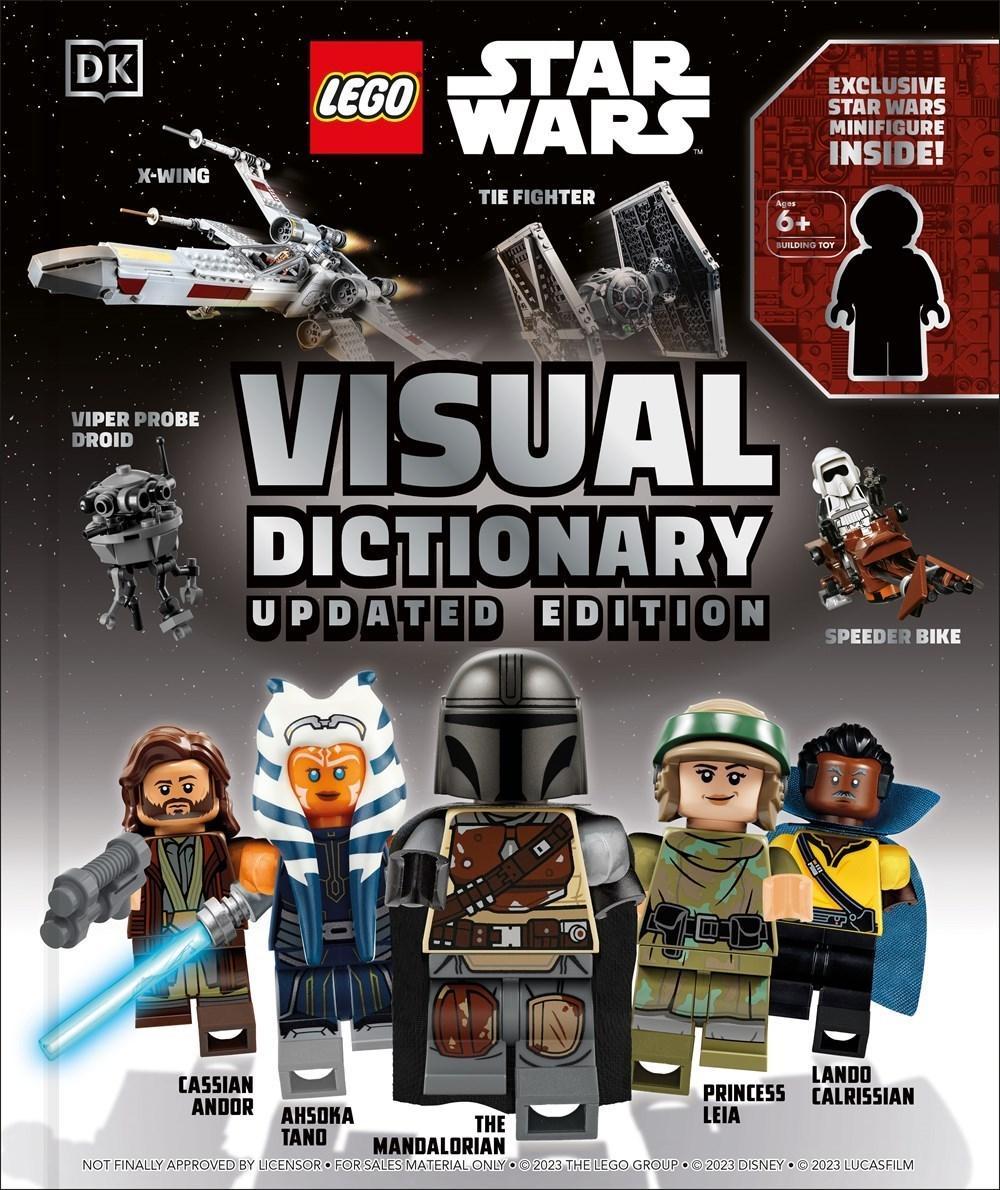 Bìa sách LEGO Star Wars: Visual Dictionary, Updated Edition mã ISBN9780744092660 của DK, kèm minifigure độc quyền, dành cho bé trai 6 tuổi.