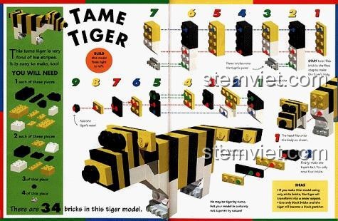 Sách ý tưởng 9780751362022 chỉ dẫn cách tạo hình một chú hổ vằn dũng mãnh từ 34 viên gạch LEGO® có sẵn.