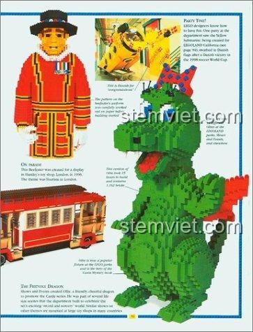 Sách Thế giới LEGO® DK ISBN9780789446916 trưng bày mô hình rồng xanh thân thiện và lính gác hoàng gia làm từ gạch LEGO®.