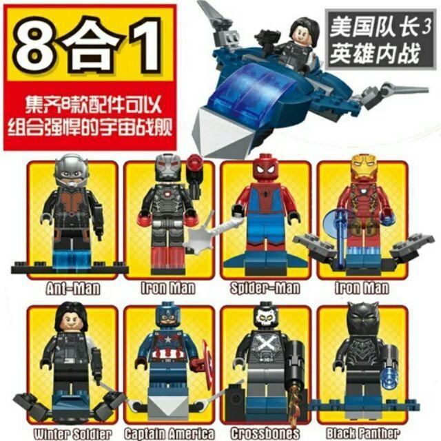 Bộ lắp ráp 8 trong 1 DLP DLP9025 chủ đề Captain America Civil War, gồm 8 minifigures siêu anh hùng Marvel cho bé trai 6 tuổi giá rẻ.