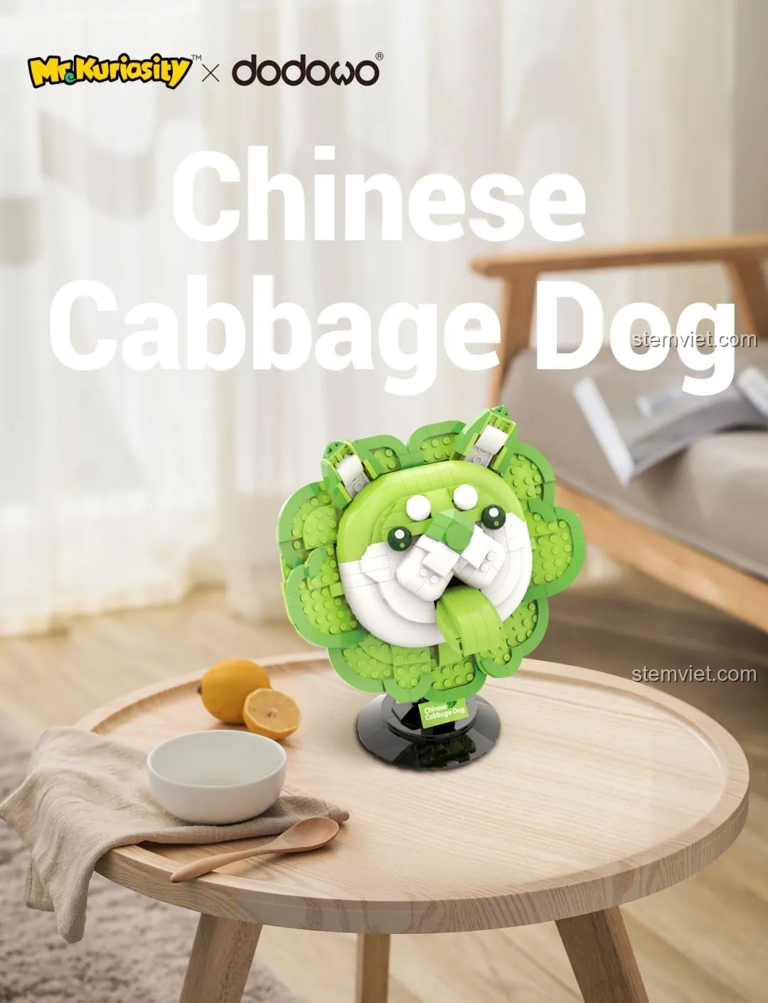 Bộ đồ chơi Chó Bắp Cải Mr.Kuriosity giá rẻ trưng bày trên bàn gỗ, một món đồ trang trí độc đáo và dễ thương.