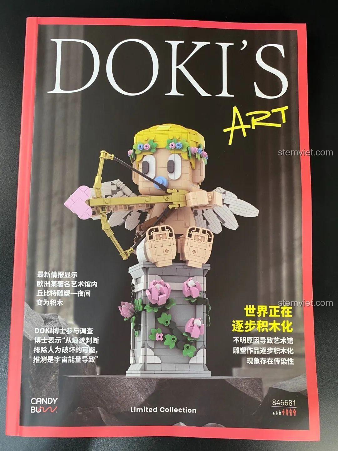 Bìa sách hướng dẫn lắp ráp DOKI's Art của bộ lắp ráp DOKI 846681 Tượng Thần Tình Yêu Cupid, với hình ảnh mô hình hoàn chỉnh.