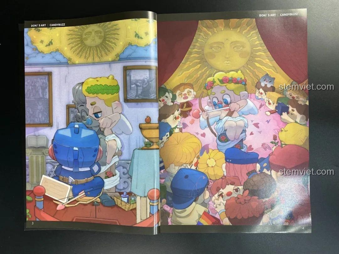 Trang minh họa nghệ thuật đầy màu sắc trong sách hướng dẫn của bộ khối lắp ghép Tượng Thần Tình Yêu Cupid.