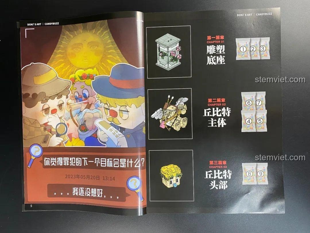 Mục lục sách hướng dẫn của đồ chơi mô hình Tượng Thần Tình Yêu Cupid DOKI, chia thành các chương lắp ráp chính.