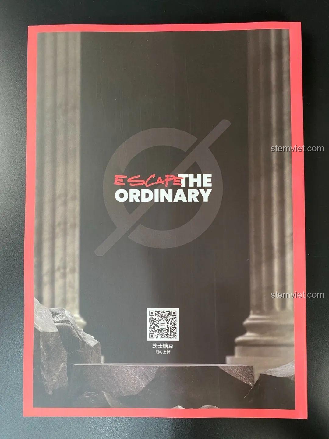 Mặt sau sách hướng dẫn của bộ đồ chơi xếp hình Tượng Thần Tình Yêu Cupid 846681 với thông điệp 'Escape the Ordinary'.