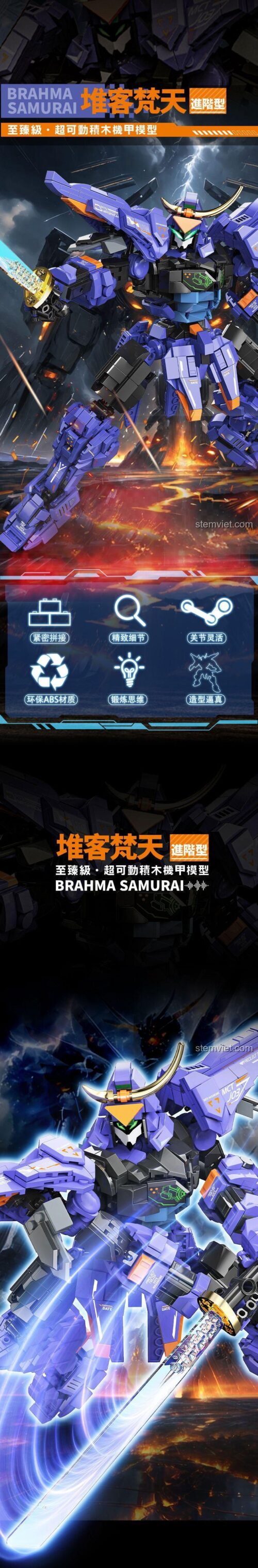 Ảnh quảng cáo đồ chơi mô hình Robot Samurai Brahma XF2024 với các chi tiết tinh xảo và hiệu ứng ánh sáng ấn tượng, một lựa chọn giá tốt.