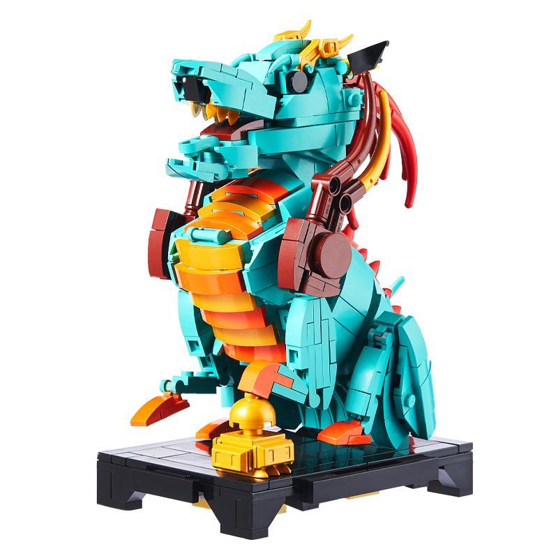 Bộ lắp ghép Rồng Thần Hộ Bảo Đôn Hoàng DH-JM011 của Dunhuang Cultural Creative, mô hình thần thú uy nghi màu xanh dương, cam, đỏ, vàng, nâu, đen, phù hợp bé trai 8 tuổi, giá tốt.