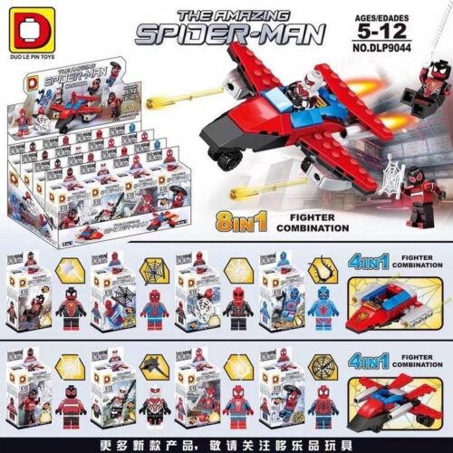 Bộ lắp ghép Spider-Man 8款 Duo Le Pin Toys DLP9044, 12 mảnh, 8 minifigures, 8 mẫu lắp được, phù hợp cho bé trai 5 tuổi