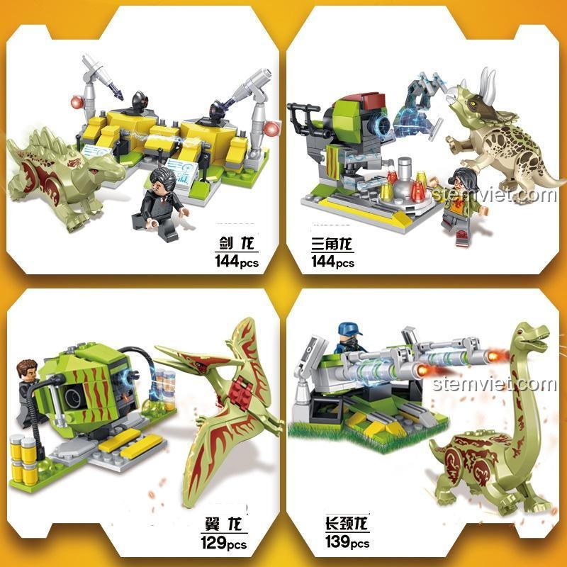 Chi tiết 4 mẫu robot khủng long Dilophosaurus, Velociraptor, T-Rex, Indominus Rex từ bộ lắp ráp Elephant JX90069.