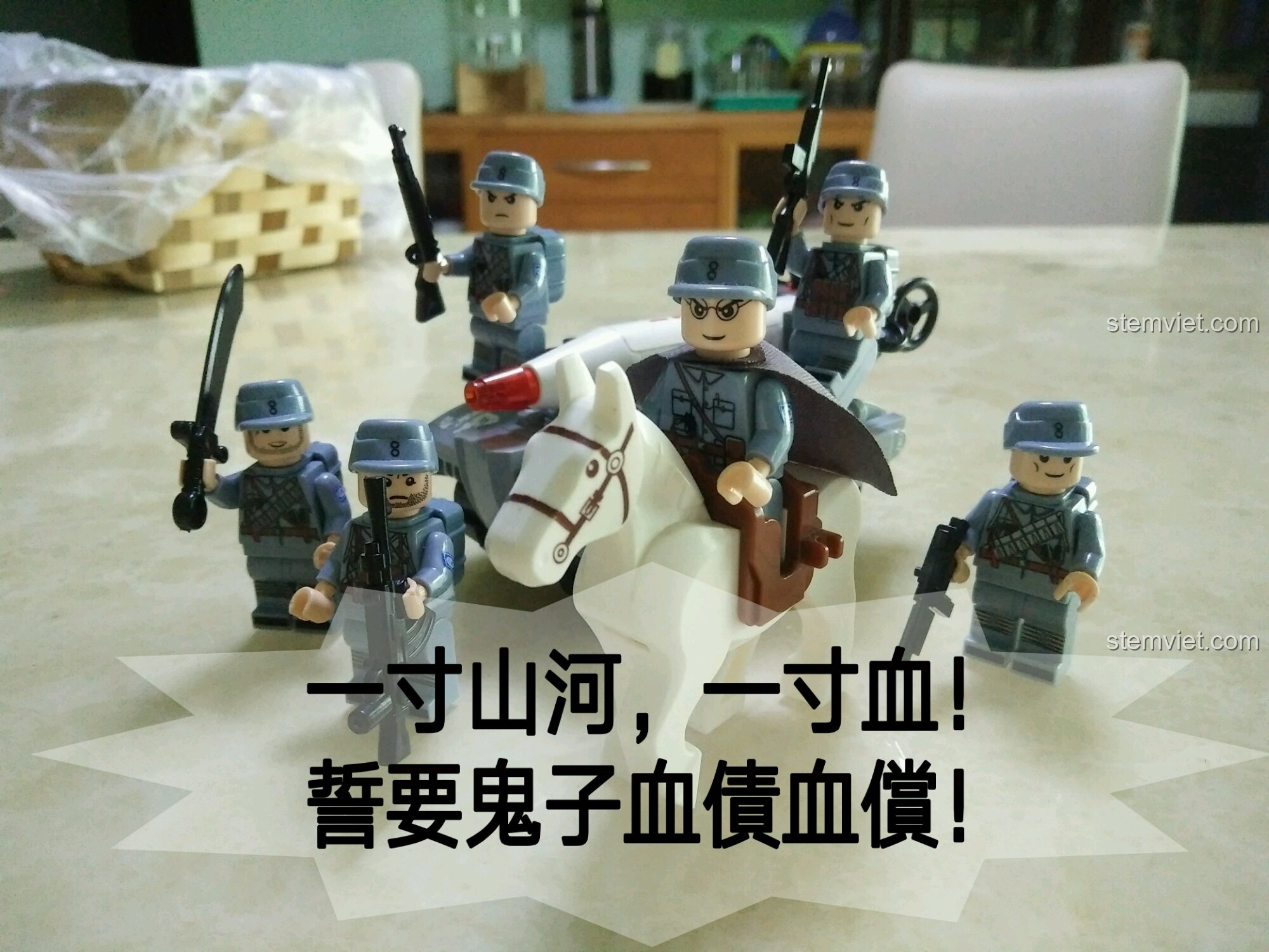 Hình ảnh hùng tráng của Bát Lộ Quân bên chiếc pháo thu được, với khẩu hiệu 'Một tấc sơn hà, một tấc máu'.