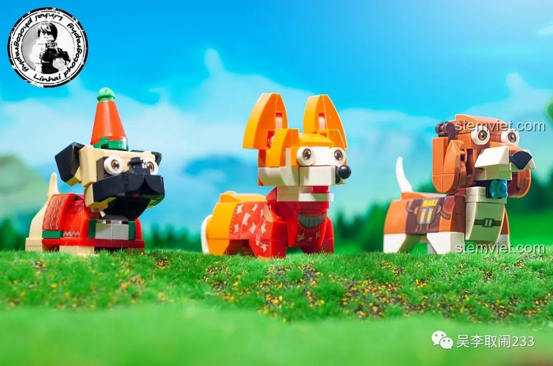 Ba mô hình lắp ráp mèo cưng Forange Block FC8283 tạo dáng trên nền cỏ xanh, khung cảnh đáng yêu.