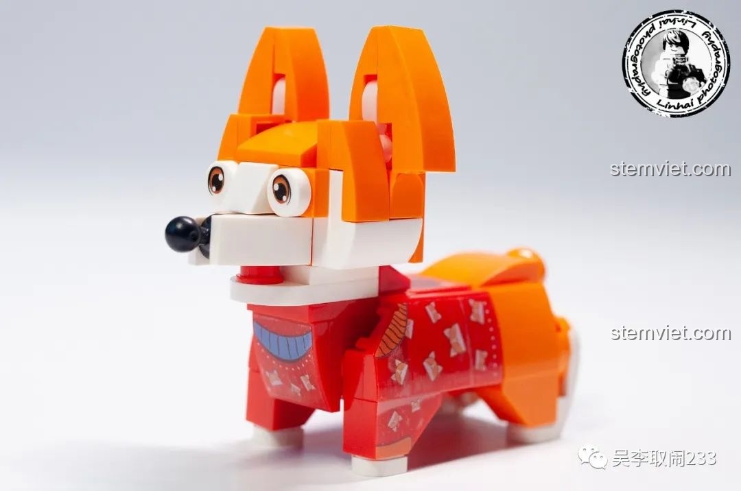 Mô hình lắp ráp Corgi Forange Block FC8283-1 nhìn từ góc nghiêng, thể hiện thiết kế đáng yêu và màu sắc tươi sáng.