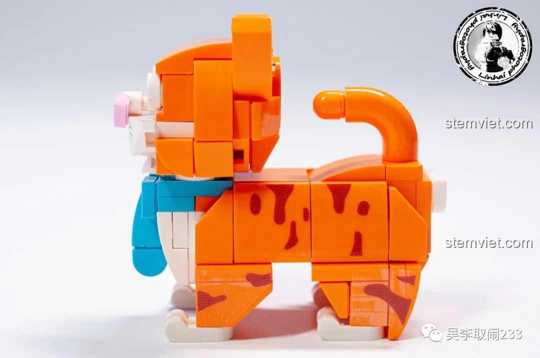 Mô hình lắp ráp Mèo Anh Lông Ngắn Xanh Forange Block FC8283-11 nhìn từ bên hông, nổi bật chi tiết đuôi và dáng ngồi.