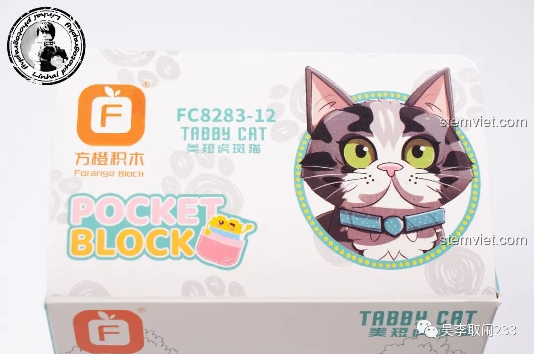 Sáu mô hình lắp ráp mèo cưng Forange Block FC8283 tạo dáng trên nền cỏ xanh, khung cảnh đáng yêu.