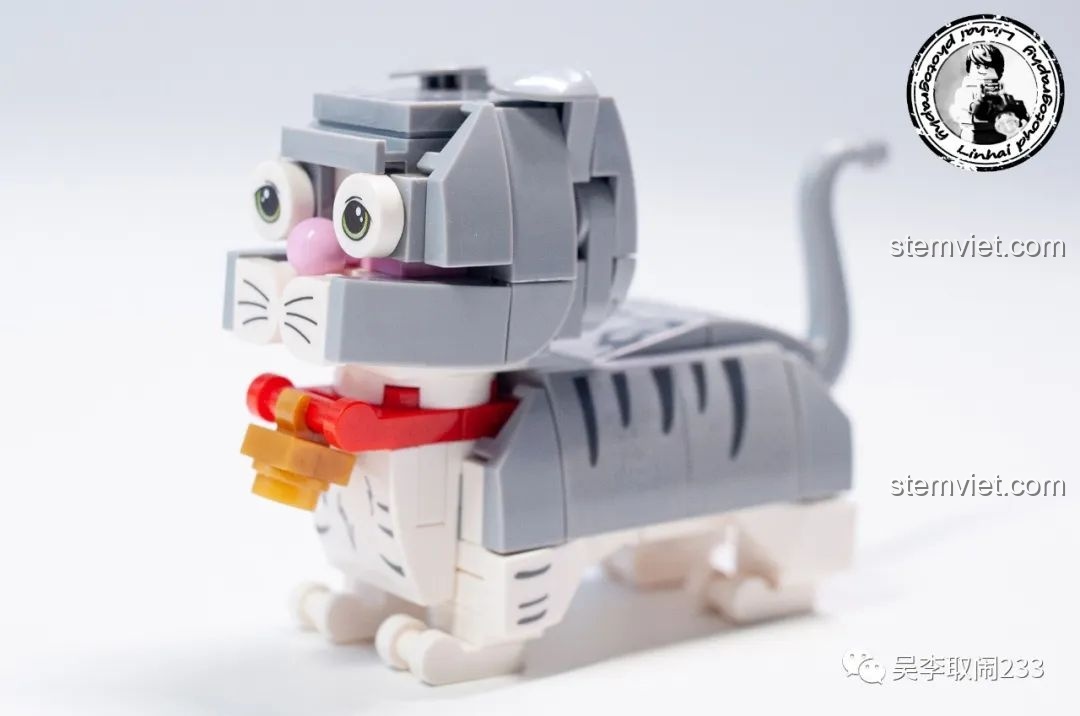 Mô hình lắp ráp Mèo Mỹ Lông Ngắn Vằn Forange Block FC8283-12 nhìn từ phía sau, thể hiện thân hình mũm mĩm và chi tiết đuôi.