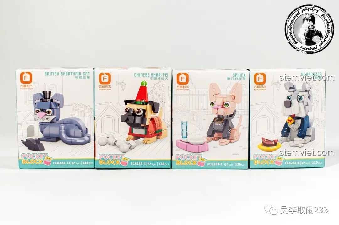 Bốn hộp nhỏ cuối cùng của bộ lắp ráp Forange Block FC8283 gồm Mèo Anh Lông Ngắn Xanh, Chó Shar Pei, Mèo Sphynx và Schnauzer.