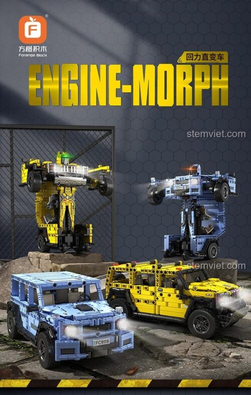 Mô hình đồ chơi lắp ghép Forange Block FC9120 màu vàng và FC9119 màu xanh, cả hai đều có khả năng biến hình từ xe thành robot.