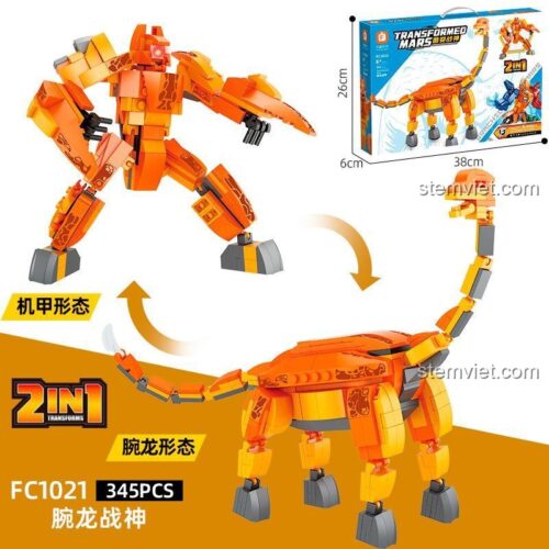 Mô hình khủng long biến hình Forange FC1021, đồ chơi lắp ráp Robot khủng long 1021, thể hiện kích thước hộp 38x26x6cm, phù hợp bé trai 6 tuổi.
