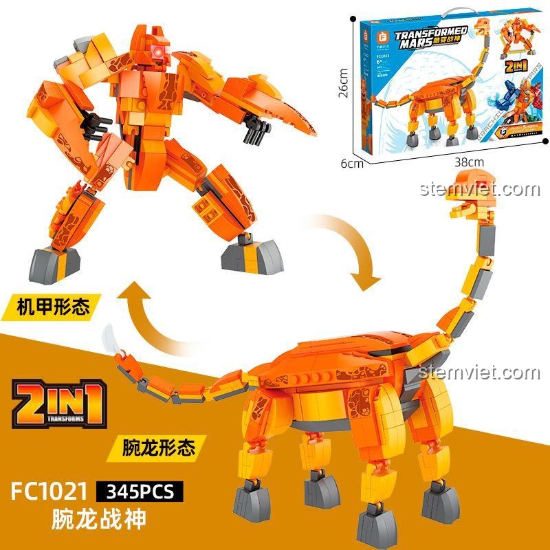 Mô hình khủng long biến hình Forange FC1021, đồ chơi lắp ráp Robot khủng long 1021, thể hiện kích thước hộp 38x26x6cm, phù hợp bé trai 6 tuổi.
