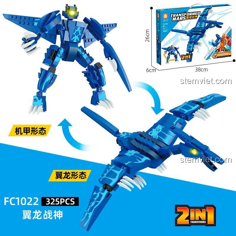 Mô hình Chiến Thần Biến Hình Forange FC1022 cánh rồng, đồ chơi lắp ráp 2 kiểu, kích thước hộp 38x26x6 cm, phù hợp bé trai 6 tuổi.