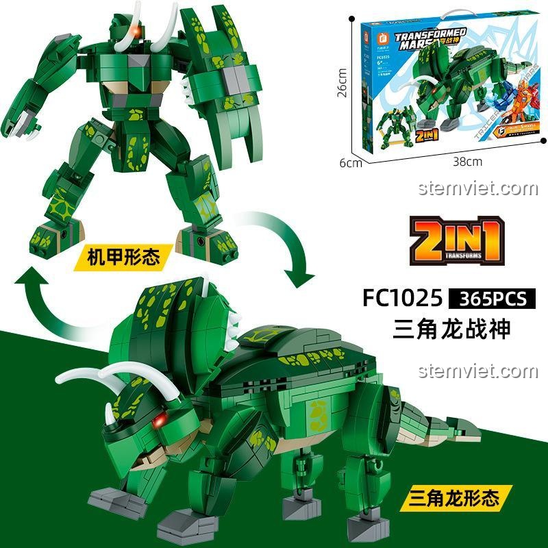 Mô hình khủng long ba sừng và robot biến hình từ bộ lắp ráp Forange FC1025 Chiến Thần Biến Hình Khủng Long Robot 5 Trong 1, thể hiện kích thước chi tiết, phù hợp cho bé trai yêu thích tư duy sáng tạo.