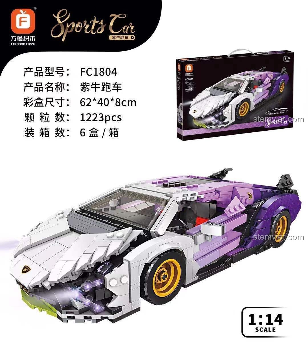 Bộ lắp ráp siêu xe thể thao Bò Tím Forange FC1804 có đèn LED, mô hình tỉ lệ 1:14 cho bé trai 6 tuổi.