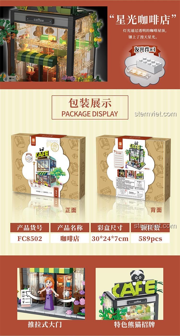 Hộp sản phẩm đồ chơi mô hình Forange FC8502 Quán Cà Phê Mơ Ước, hiển thị đầy đủ thông tin mã số, kích thước và số chi tiết 589 mảnh.