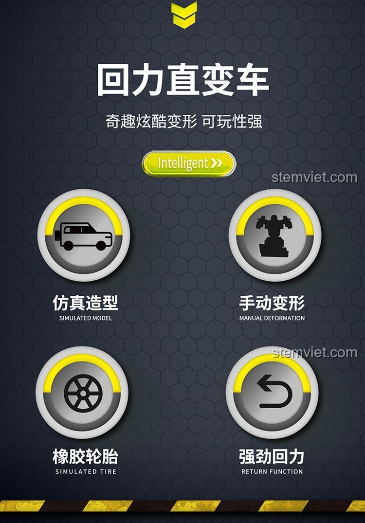 Các tính năng nổi bật của đồ chơi xếp hình FC9119: mô hình mô phỏng, biến hình thủ công, lốp cao su và động cơ kéo lùi mạnh mẽ.