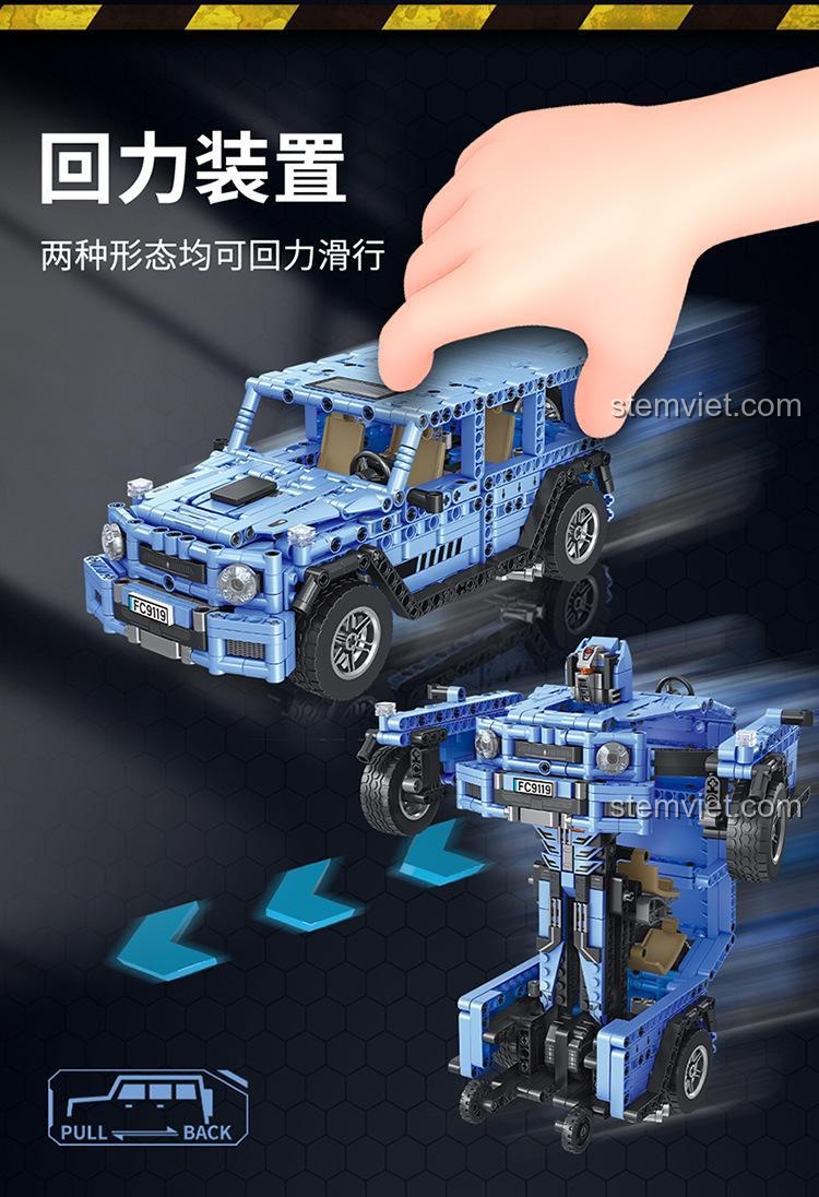 Mô tả chức năng động cơ kéo lùi của Xe SUV Biến Hình Robot 9119, hoạt động ở cả hai dạng xe và robot.