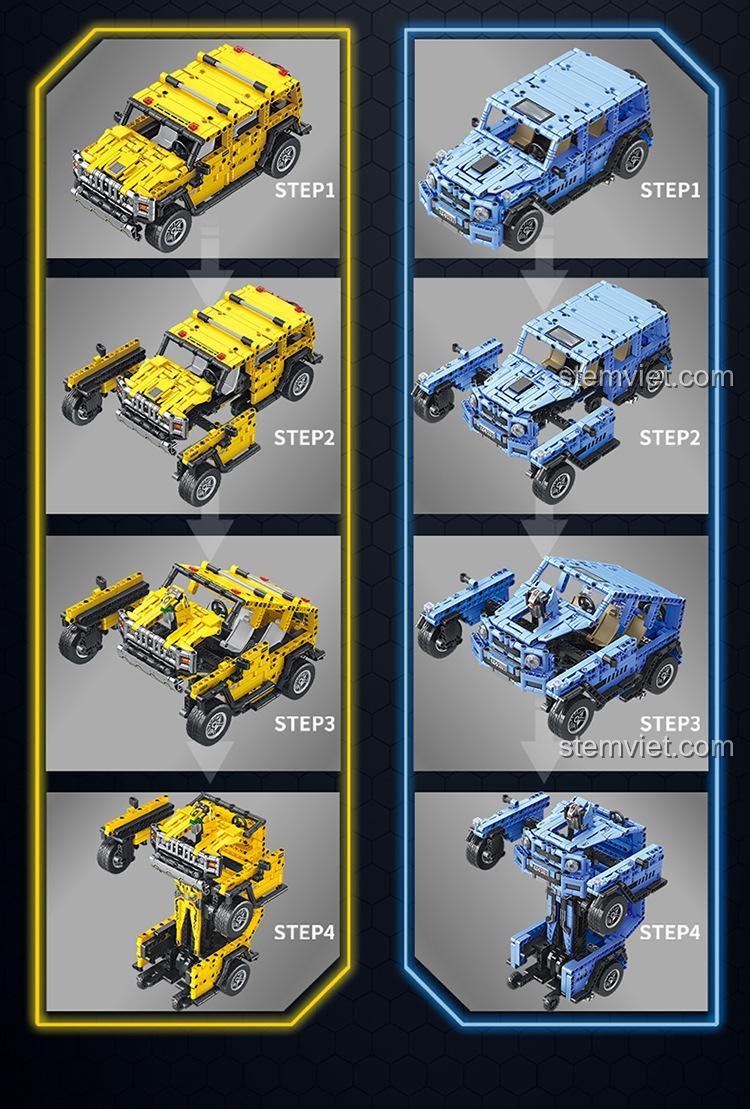 Hướng dẫn 4 bước biến hình của Robot Biến Hình Xe Địa Hình Forange, cho thấy quá trình chuyển đổi từ xe sang robot một cách dễ dàng.