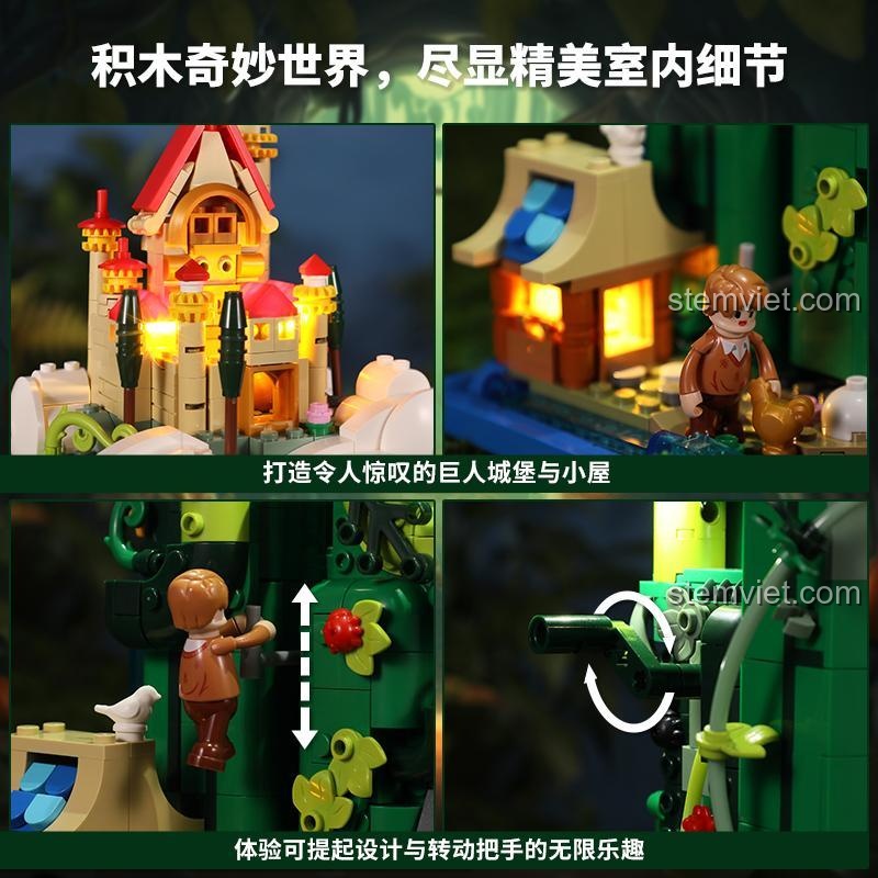 Các chi tiết tinh xảo và cơ chế hoạt động của bộ xếp hình FunWhole 9002, bao gồm lâu đài và cơ chế nâng độc đáo.