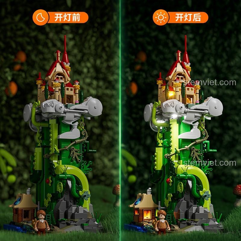 So sánh bộ lắp ghép Cây đậu thần khổng lồ trước và sau khi bật đèn LED, tạo hiệu ứng huyền ảo.