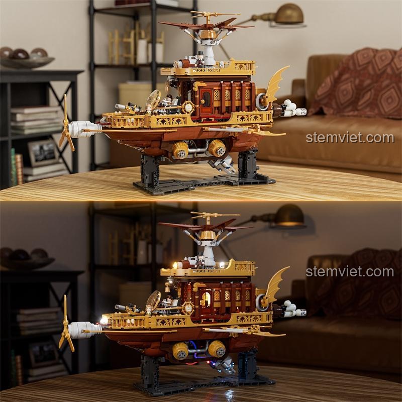 Bộ xếp hình Tàu bay Steampunk Light Catcher F9014 với hiệu ứng đèn LED độc đáo, so sánh giữa ngày và đêm.