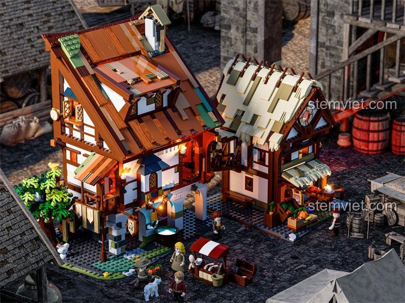 Cận cảnh các minifigure và chi tiết trong bộ xếp hình Thị trấn Trung cổ F9015, thể hiện sự nhộn nhịp của phiên chợ.