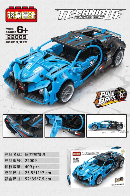 Đồ chơi mô hình Gang Jiang Mo Wan 22009 Xe Bugatti Kéo Lùi tỉ lệ 1:18 với 409 mảnh ghép cho bé trai 6 tuổi