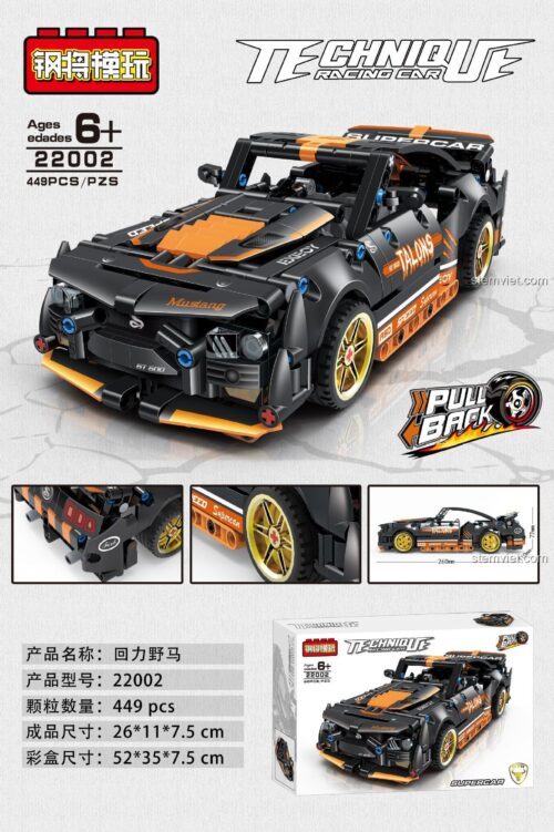 Đồ chơi lắp ráp Gang Jiang Toys 22002 Xe Mustang Đen Kéo Lùi kích thước mô hình, chi tiết kỹ thuật cho bé trai 6 tuổi