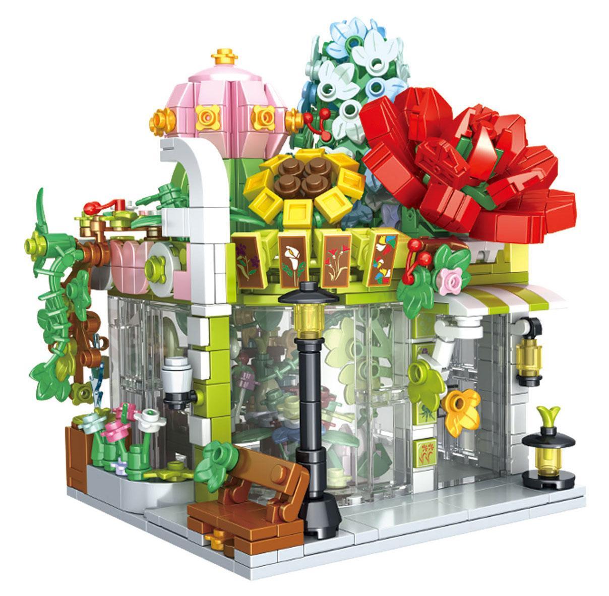Bộ lắp ghép GAOMISI T2072 Cửa hàng hoa góc phố đã lắp ráp hoàn chỉnh, màu sắc tươi sáng, có đèn LED, phù hợp bé gái 6 tuổi, giá tốt.