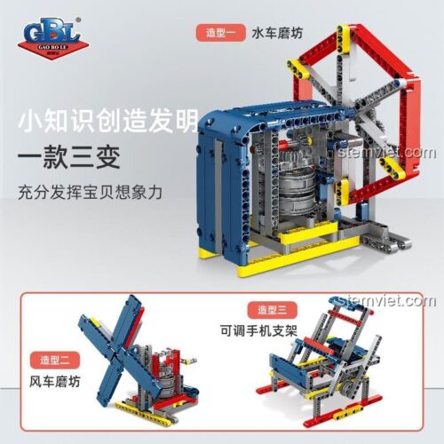 Các kiểu lắp ráp của bộ đồ chơi xếp hình GBL KY1002-2: cối xay nước, cối xay gió và giá đỡ điện thoại. Món quà sáng tạo cho bé trai 6 tuổi.