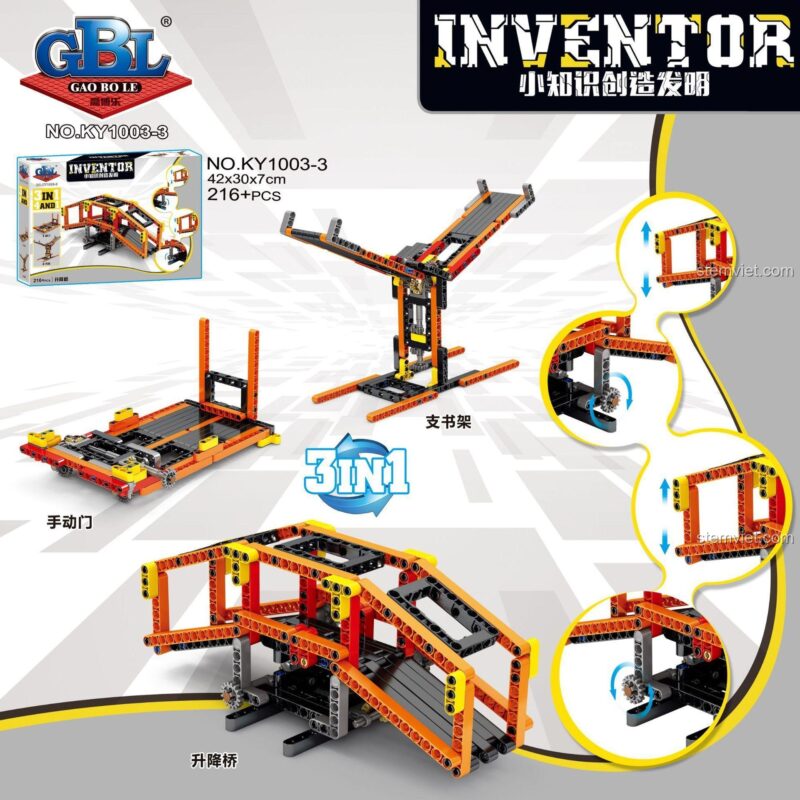 Chi tiết các mô hình Cầu Nâng, Cửa Cơ, Giá Sách từ bộ GBL KY1003-3, đồ chơi xếp hình GBL cho bé trai, phát triển tư duy logic.